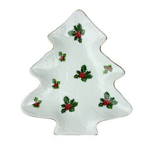 Vintage Lefton Christmas Tree Shape Holly Berry Leaves Candy Bon Bon Dish